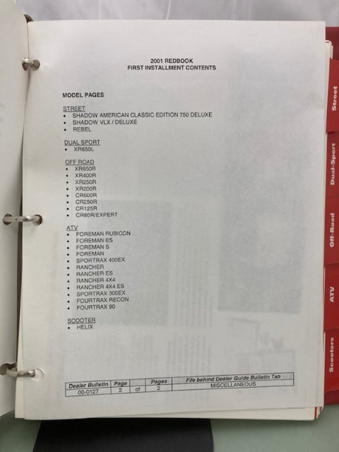 Honda Redbook Motorcycle & ATV Dealer Model Guide w/ Spec Sheets 2001 Genuine