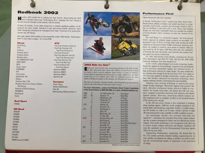 Honda Redbook Motorcycle & ATV Dealer Model Guide w/ Spec Sheets 2002 Genuine