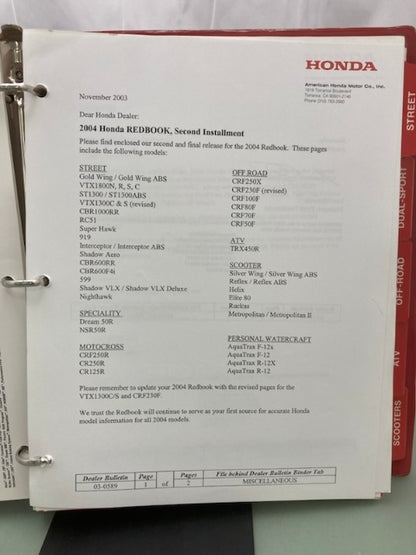 Honda Redbook Motorcycle & ATV Dealer Model Guide w/ Spec Sheets 2004 Genuine