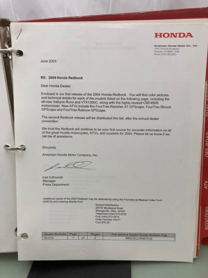 Honda Redbook Motorcycle & ATV Dealer Model Guide w/ Spec Sheets 2004 Genuine