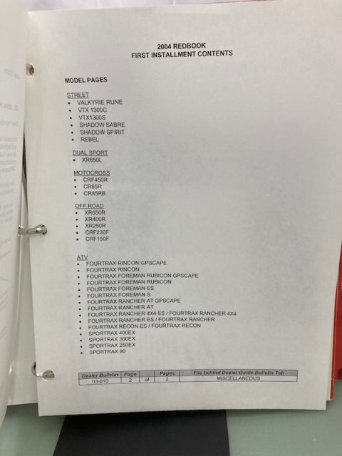 Honda Redbook Motorcycle & ATV Dealer Model Guide w/ Spec Sheets 2004 Genuine
