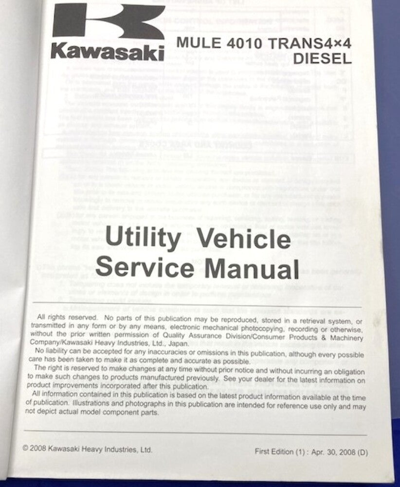 Kawasaki 99924-1409-01 Mule 4010 Trans 4x4 Diesel 2008 Service Manual Genuine