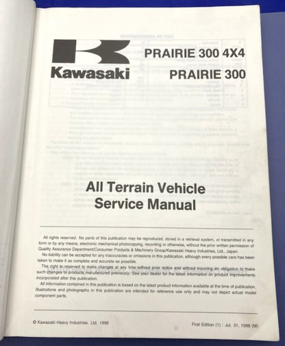 Kawasaki 99924-1239-01 Prairie 300 4x4; 300 1998 Service Manual Genuine