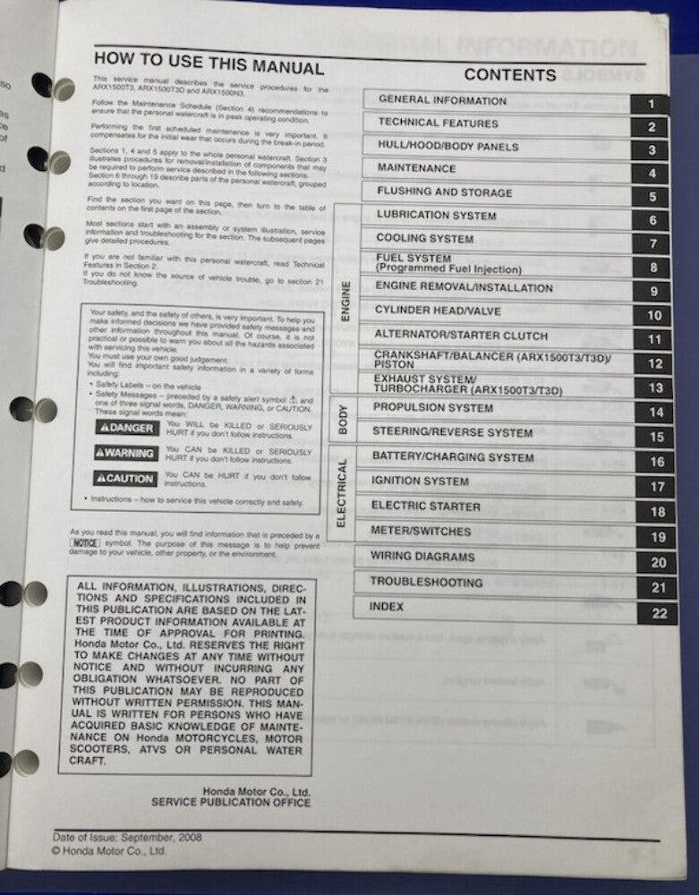 Honda 61HW501 ARX1500T3/T3D/N3 '08-'09 Service Manual Genuine