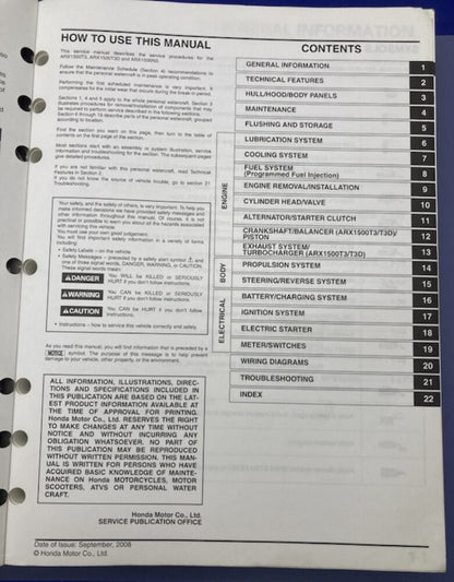 Honda 61HW501 ARX1500T3/T3D/N3 '08-'09 Service Manual Genuine