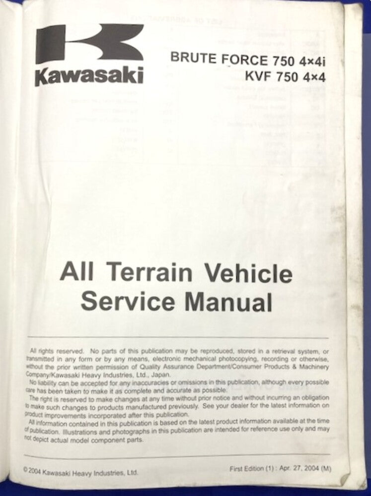 Kawasaki 99924-1334-01 Brute Force 750 4x4i KVF 750 4x4 2004 Service Manual Genuine