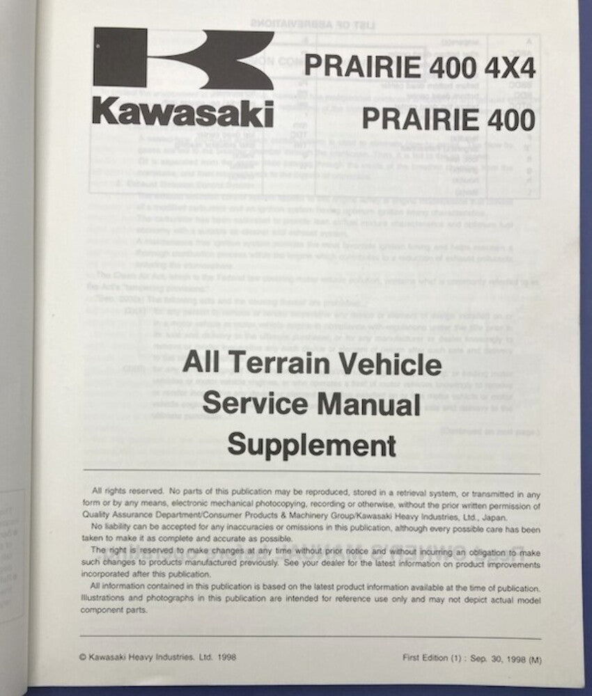 Kawasaki 99924-1243-51 Prairie 400 4x4 Prairie 400 1998 Service Manual Supp Gen.