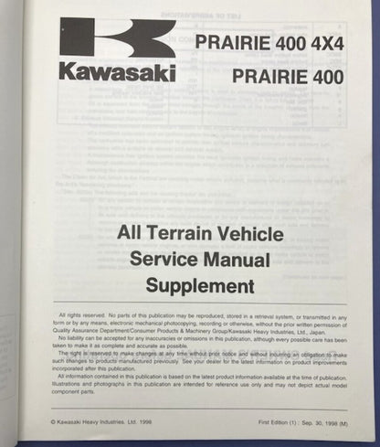 Kawasaki 99924-1243-51 Prairie 400 4x4 Prairie 400 1998 Service Manual Supp Gen.