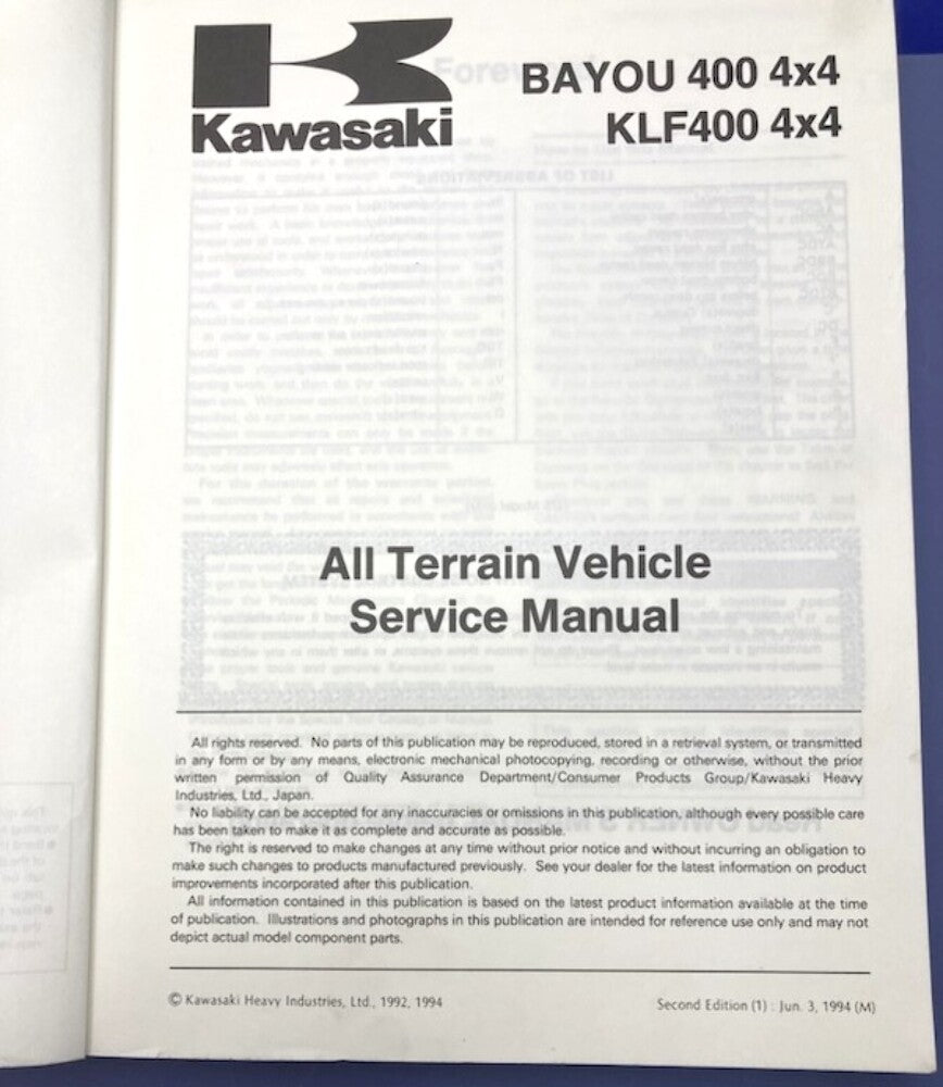 Kawasaki 99924-1154-02 Bayou 400 4x4; KLF 400 4x4 '92 & '94 Service Manual Gen.