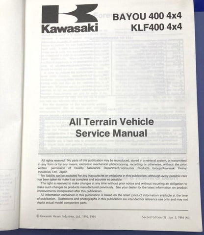 Kawasaki 99924-1154-02 Bayou 400 4x4; KLF 400 4x4 '92 & '94 Service Manual Gen.