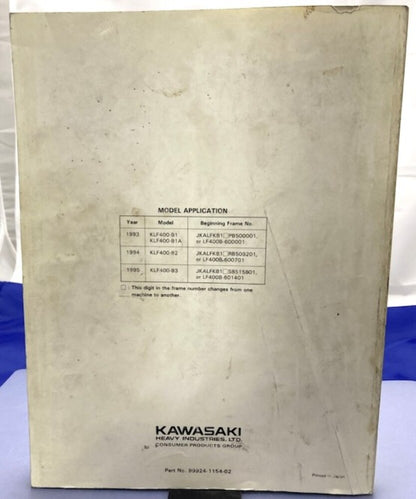 Kawasaki 99924-1154-02 Bayou 400 4x4; KLF 400 4x4 '92 & '94 Service Manual Gen.