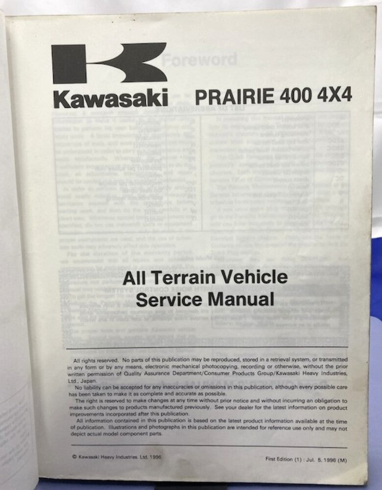 Kawasaki 99924-1201-01 Prairie 400 4x4 1996 Service Manual Genuine