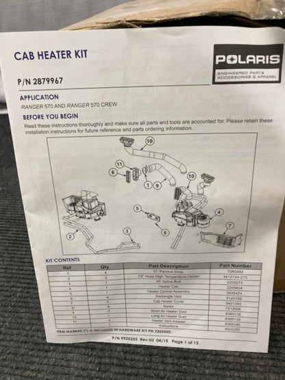 Polaris 2879967 Ranger 500 570 Crew 8-VENT Heater & Defrost Kit New Genuine