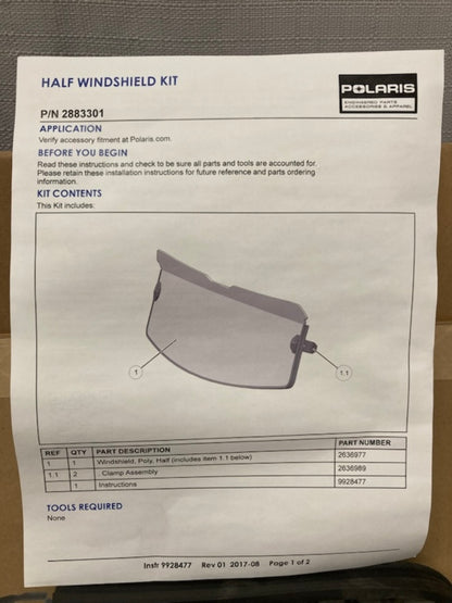 Polaris 2883301 Lock & Ride Half Poly Windshield for Ranger New Genuine