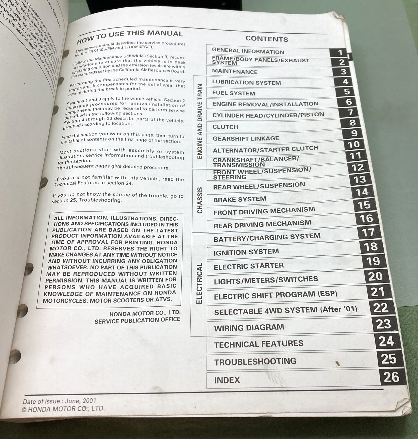 Genuine Honda 61HN006 TRX450S/FM/ES/FE Fourtrax Fourman Service Manual '98-'04
