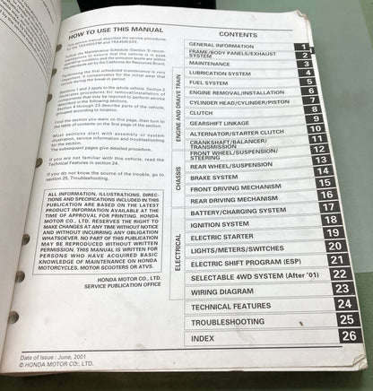 Genuine Honda 61HN006 TRX450S/FM/ES/FE Fourtrax Fourman Service Manual '98-'04