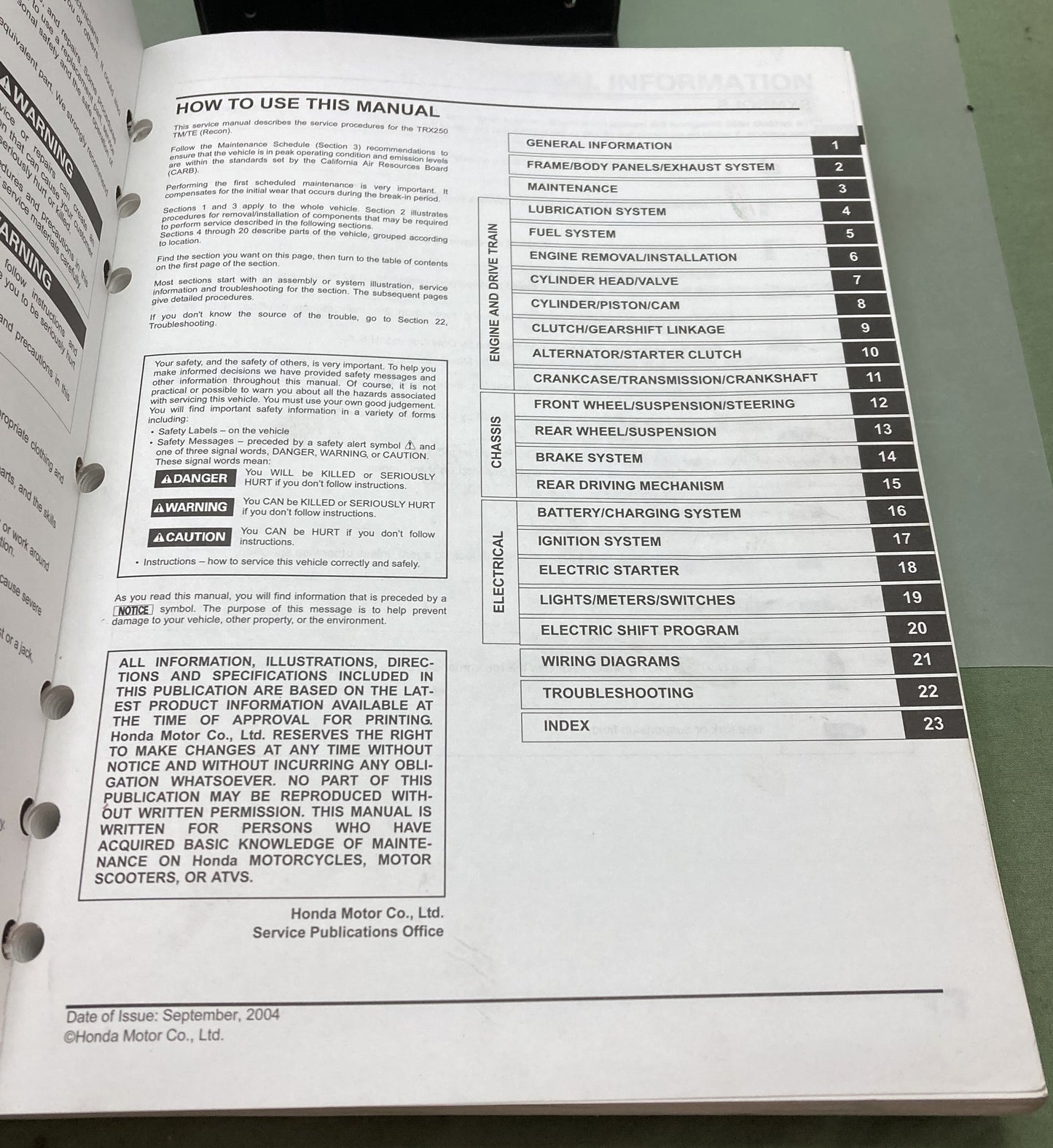 Genuine Honda 61HM851 TRX250TE/TM Recon Service Manual 2005-2006