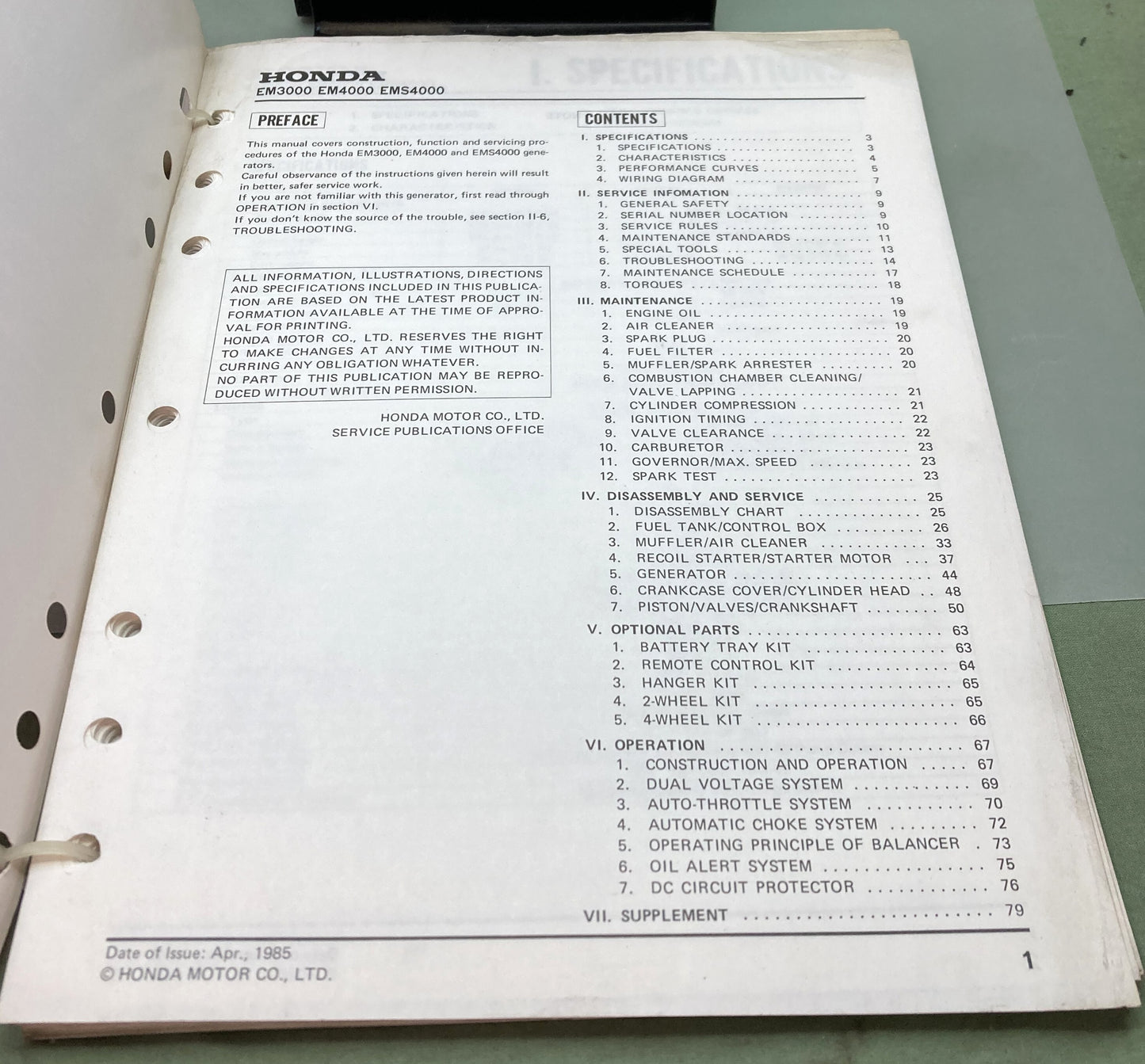 Genuine Honda 6189901 EM3000 EM4000 EMS4000 EMS4500 Shop Manual 1986