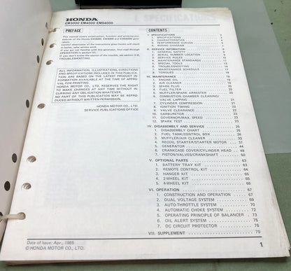 Genuine Honda 6189901 EM3000 EM4000 EMS4000 EMS4500 Shop Manual 1986