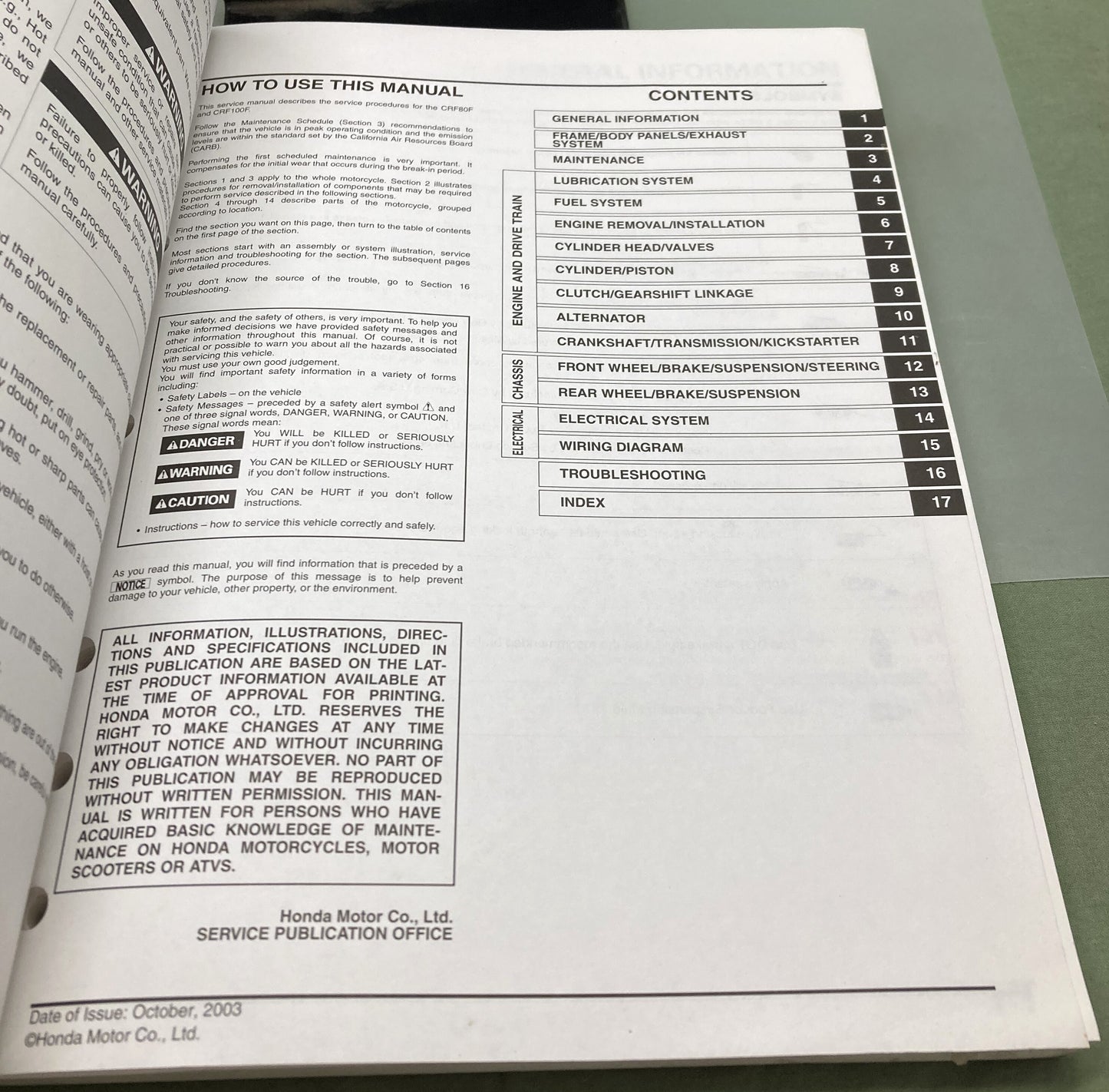 Genuine Honda 61KSJ01 CRF80F CRF100F Service Manual 2004-2005