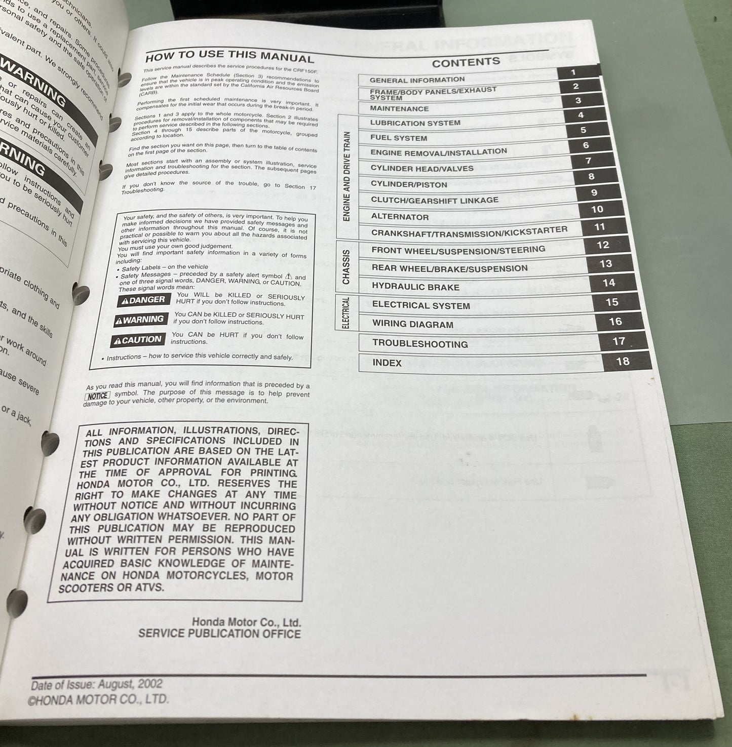 Genuine Honda 61KPT02 CRF150F Service Manual 2003-2005