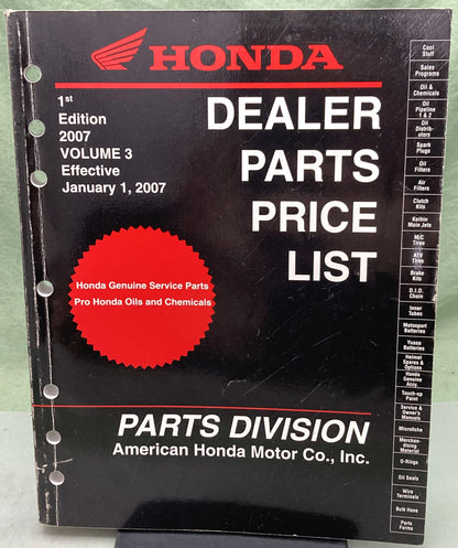Genuine Honda 00X07-HMC-A01 Dealer Parts Price List 2007