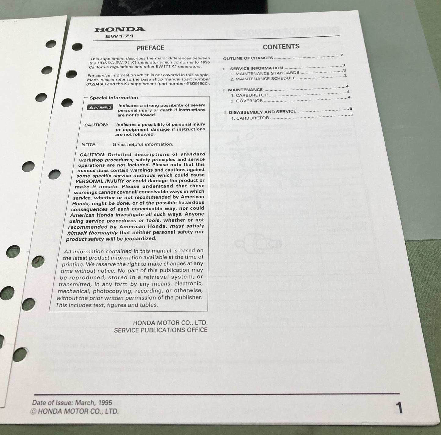 Genuine Honda 61ZB460Y EW171 Generator Supp. Shop Manual 1995