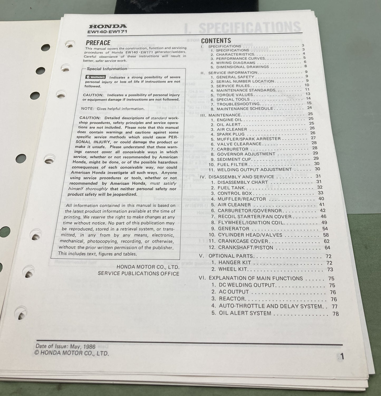 Genuine Honda 61ZB460 EW140 EW171 Shop Manual 1986