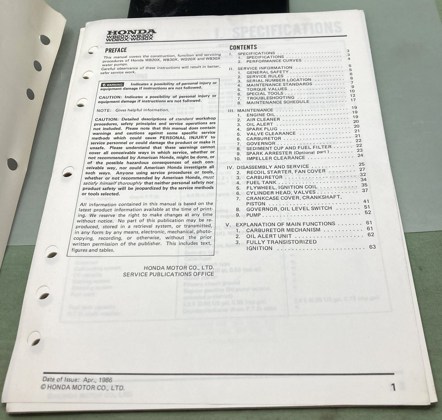 Genuine Honda 61YB410 WB20X WB30X WD20X WD30X Shop Manual 1986