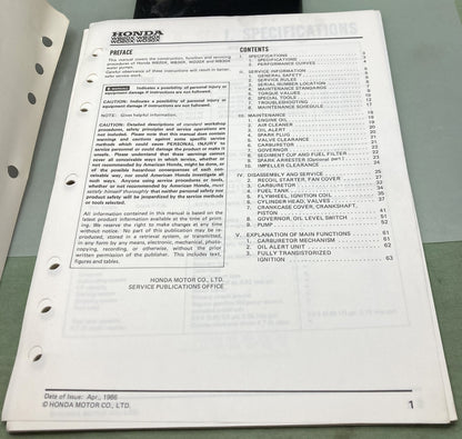 Genuine Honda 61YB410 WB20X WB30X WD20X WD30X Shop Manual 1986