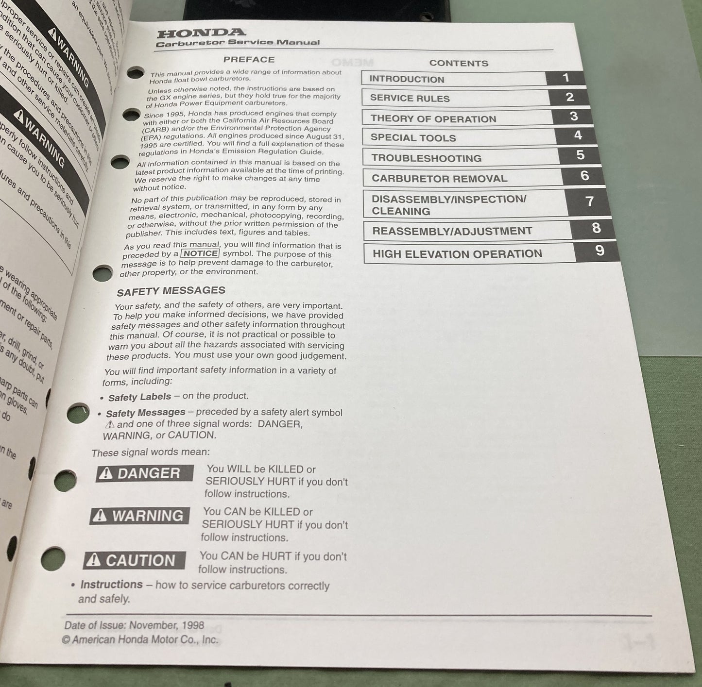 Genuine Honda TO068 Carburetor Service Manual 1998
