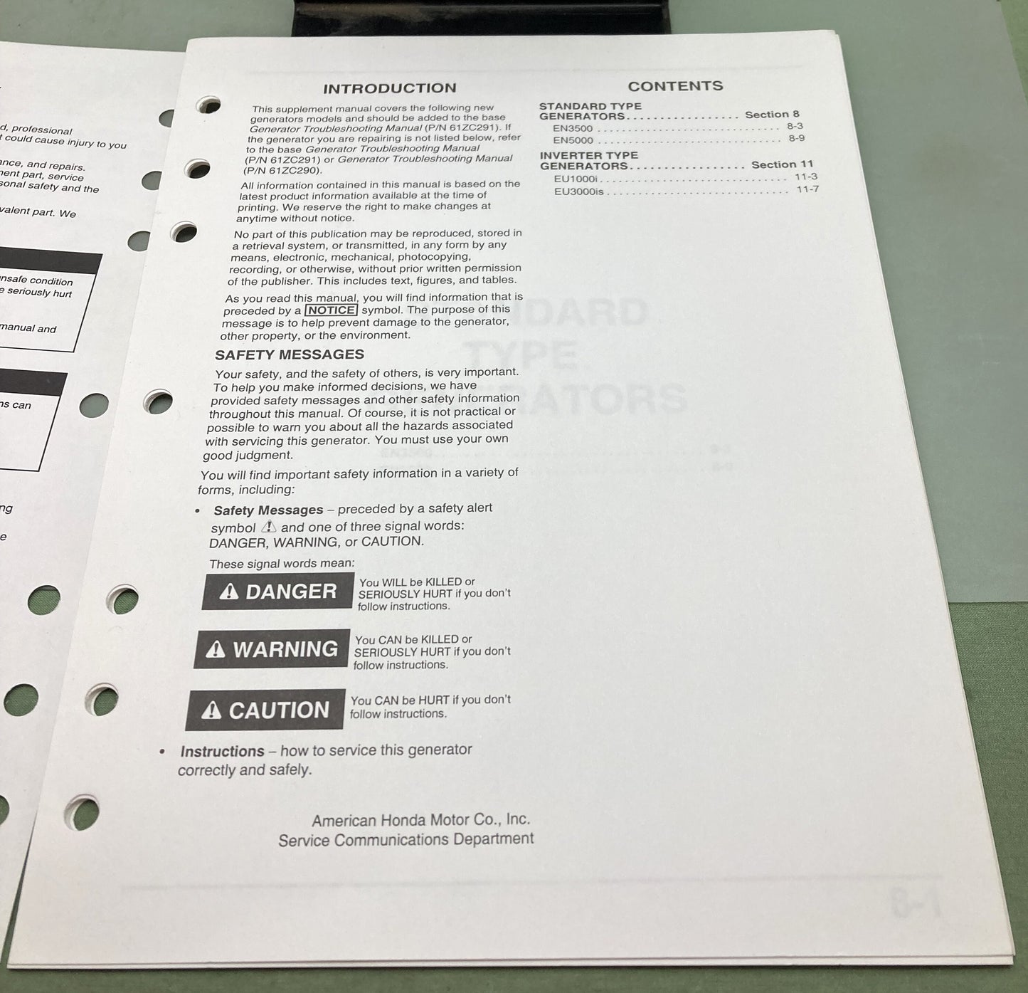 Genuine Honda 61ZC2910Z Generators Troubleshooting Supp. Manual 1999