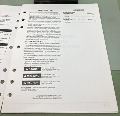 Genuine Honda 61ZC2910Z Generators Troubleshooting Supp. Manual 1999