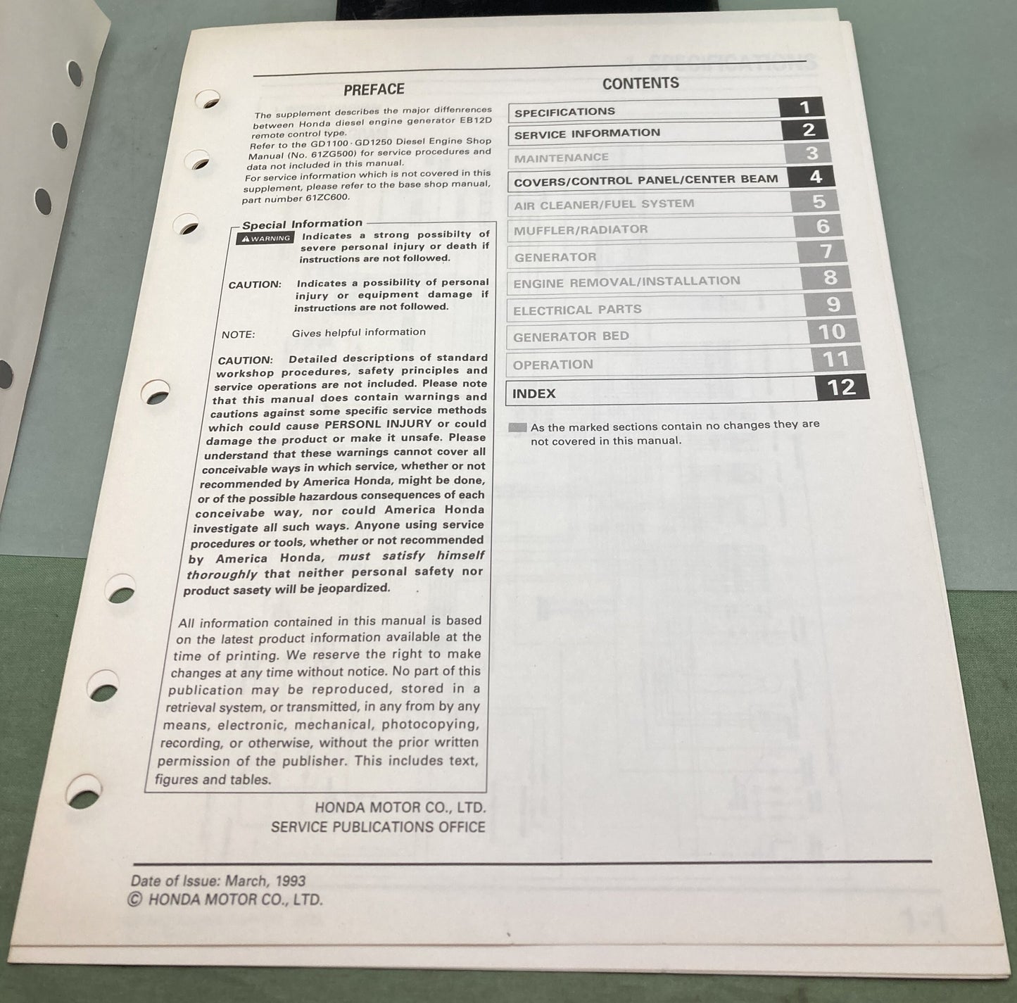 Genuine Honda 61ZC600Z EB12D Generator Supp. Shop Manual 1993