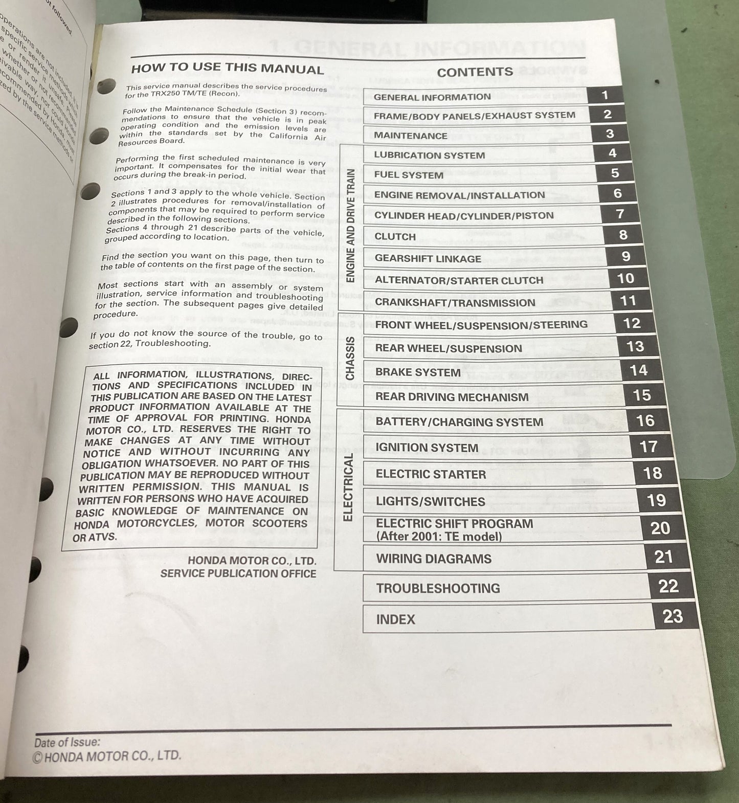 Genuine Honda 61HM807 TRX250 Fourtrax Recon Service Manual 2000