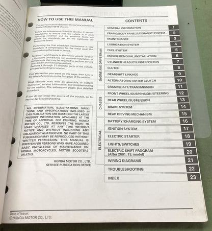 Genuine Honda 61HM807 TRX250 Fourtrax Recon Service Manual 2000