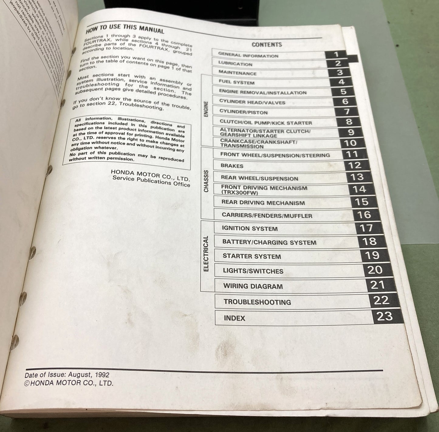 Genuine Honda 61HC406 TRX300 TRX300FW Service Manual 1992