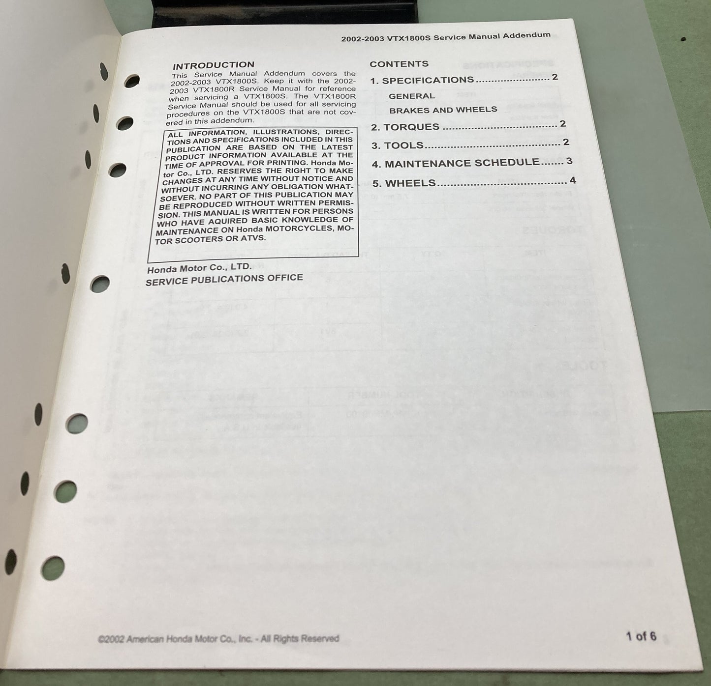 Genuine Honda 61MCV01-AH VTX1800S Service Manual Addendum 2002-2003