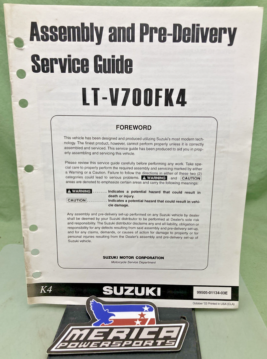 GENUINE SUZUKI 99505-01134-03E LT-V700FK4 ASSY AND PRE DELIVERY SERVICE GUIDE
