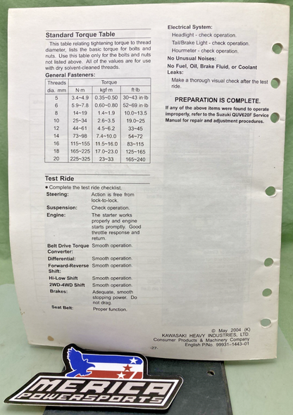 GENUINE SUZUKI 99505-01075-03E QUV620FK5 ASSEMBLY AND PRE DELIVERY SERVICE GUIDE