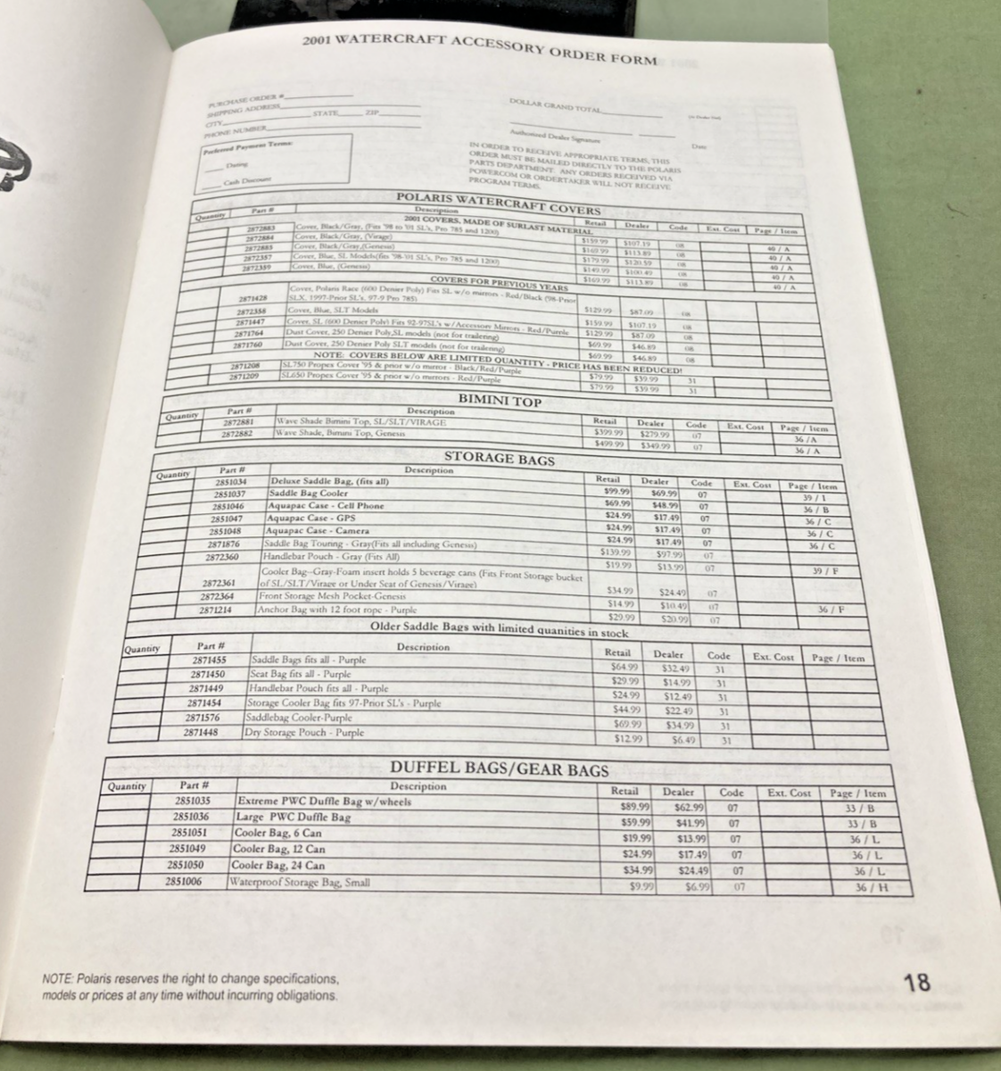 GENUINE POLARIS 9914901 WATERCRAFT PWC QUICK REFERENCE 2001