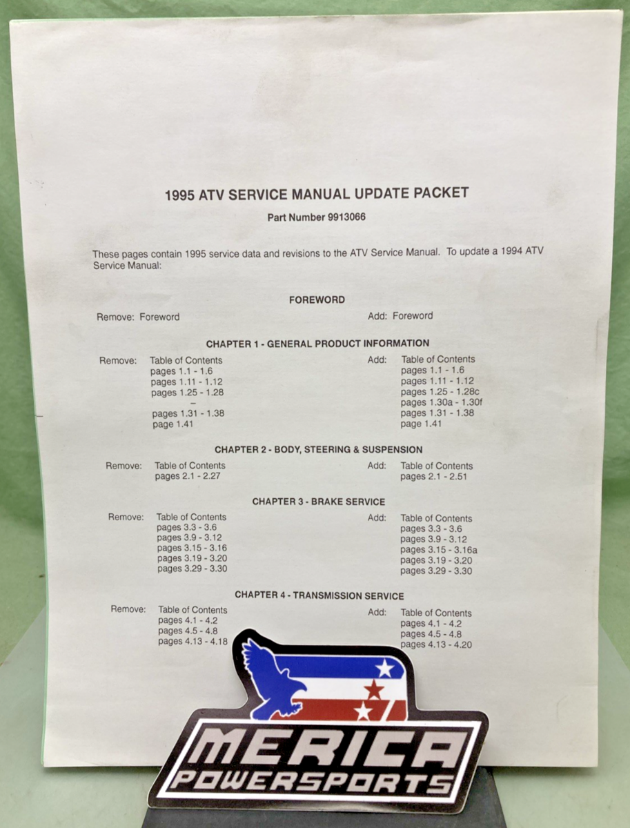 NEW GENUINE POLARIS 9913066 ATV SERVICE MANUAL UPDATE PACKET 1995
