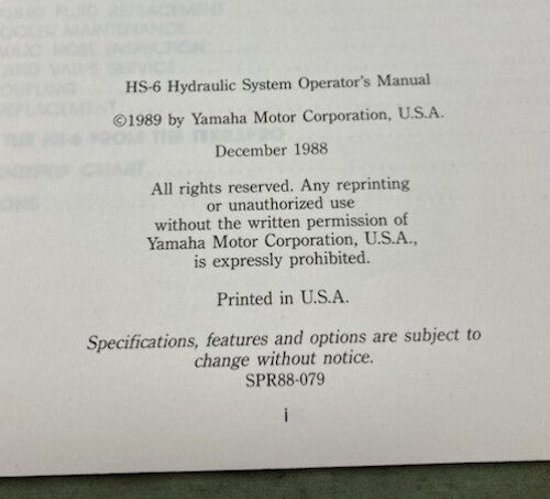 Yamaha LIT-17626-00-01 HS-6 Hydraulic System Operator's Manual Genuine