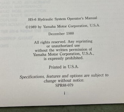 Yamaha LIT-17626-00-01 HS-6 Hydraulic System Operator's Manual Genuine