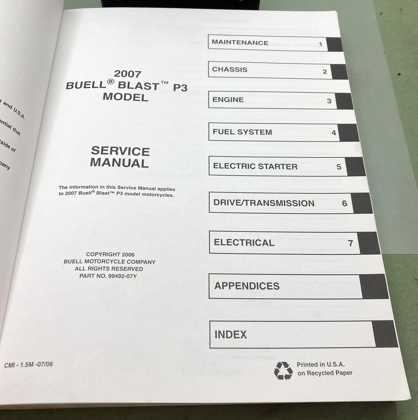 Genuine Buell 99492-07Y P3 Blast Model Service Manual 2007