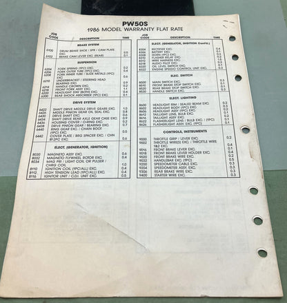 Genuine Yamaha LIT-11750-C0-84 Motorcycle Warranty Flat Rate Manual 1986