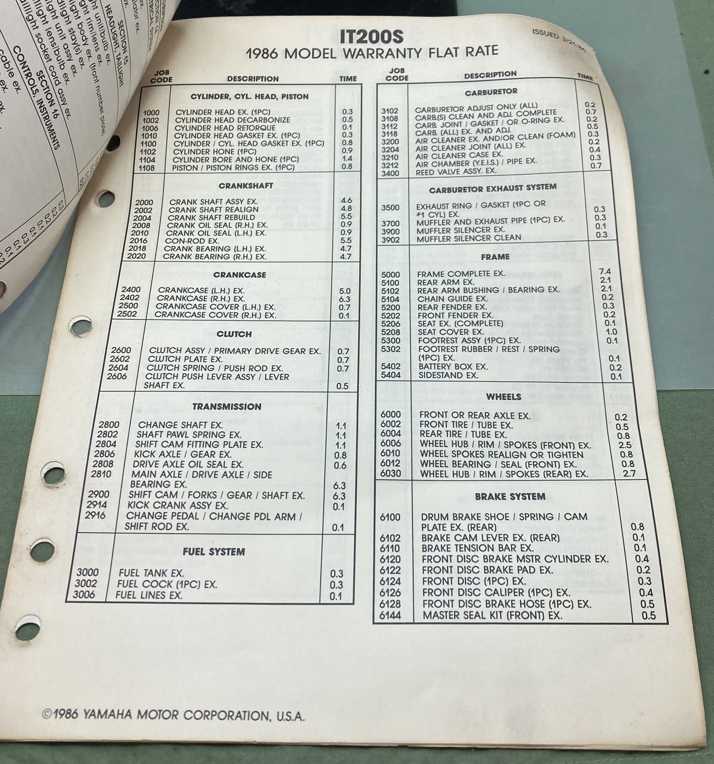 Genuine Yamaha LIT-11750-C0-84 Motorcycle Warranty Flat Rate Manual 1986