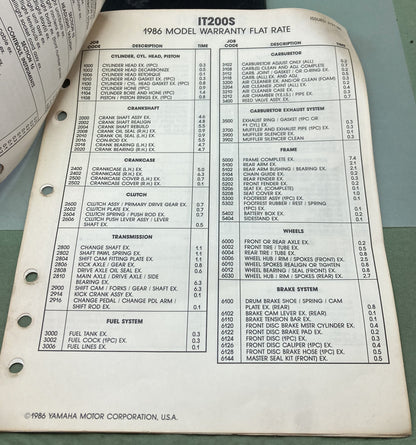 Genuine Yamaha LIT-11750-C0-84 Motorcycle Warranty Flat Rate Manual 1986