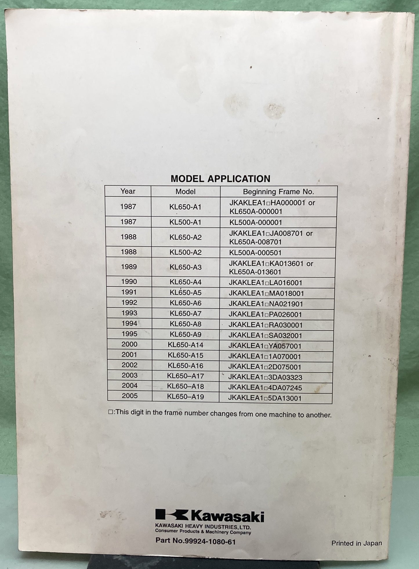 Genuine Kawasaki 99924-1080-61 KLR650 KLR500 Supp. Service Manual 2004