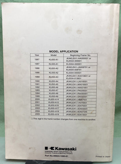 Genuine Kawasaki 99924-1080-61 KLR650 KLR500 Supp. Service Manual 2004